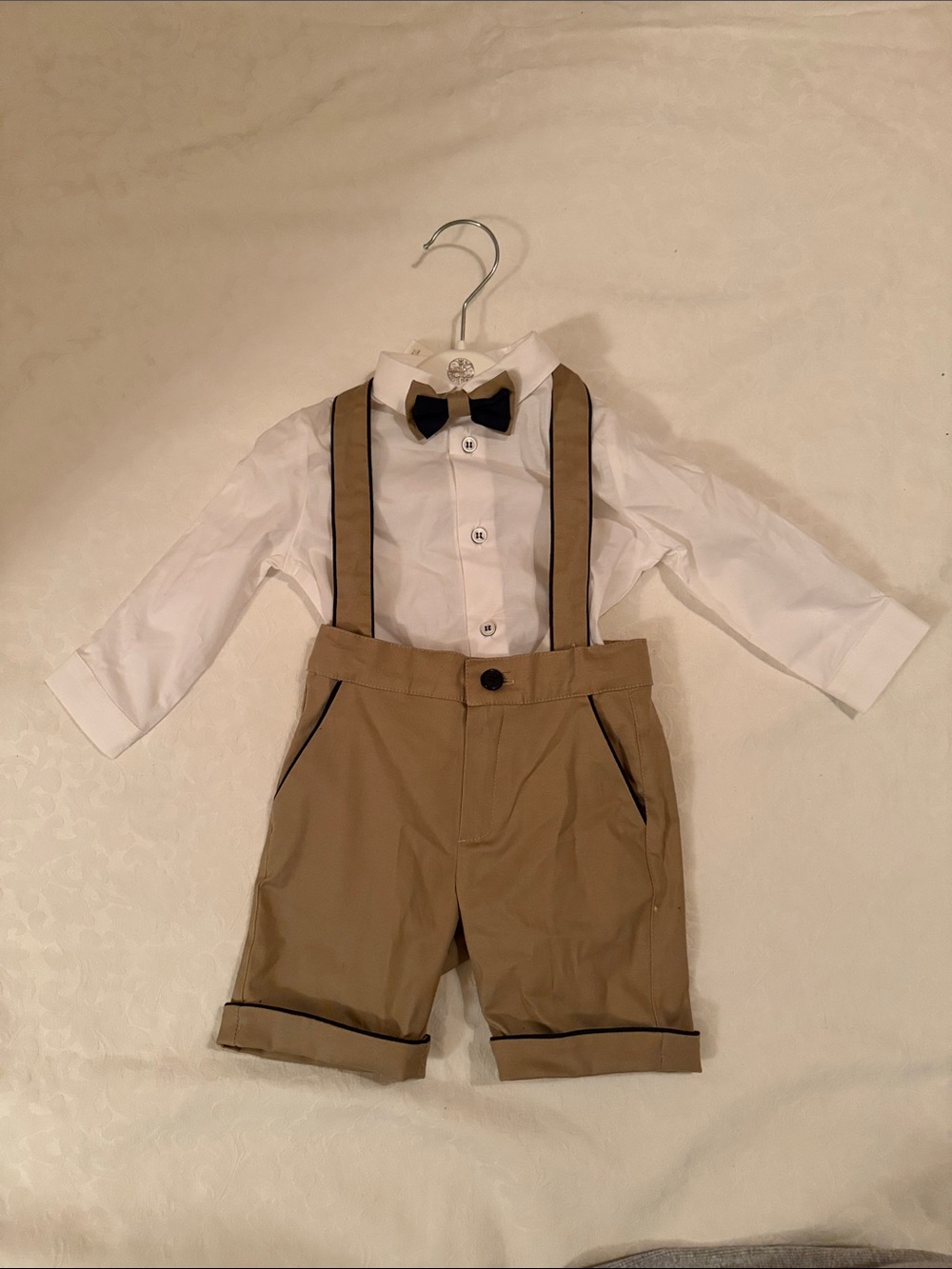 Mayoral White Shirt with Black Bow Tie and Khaki Shorts Suspenders